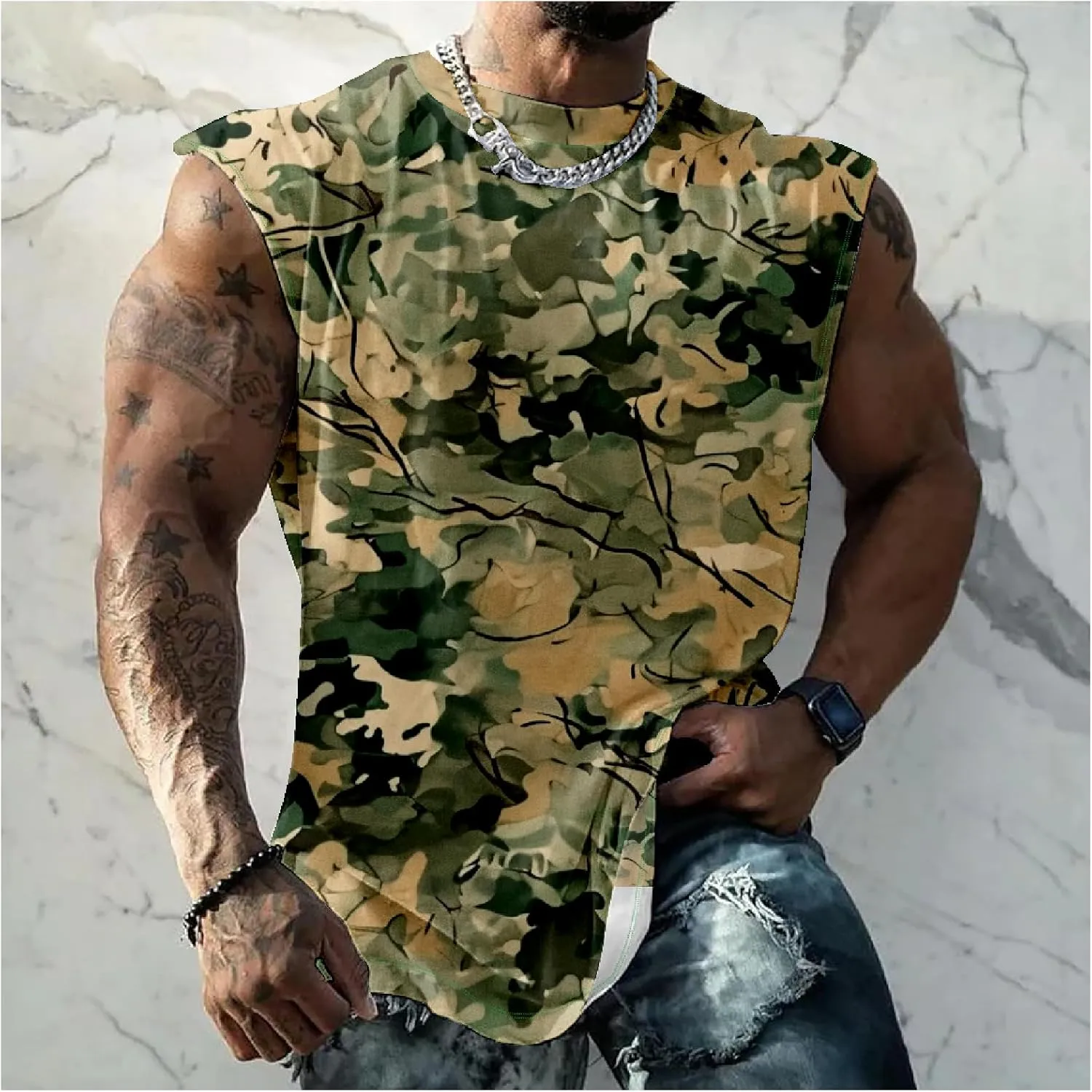 MARSVOVO Hawaiian Shirt for Men Funny Graphic Vintage Summer Sleeveless Crewneck Soft Quick Dry Beach Tank Tops for Men