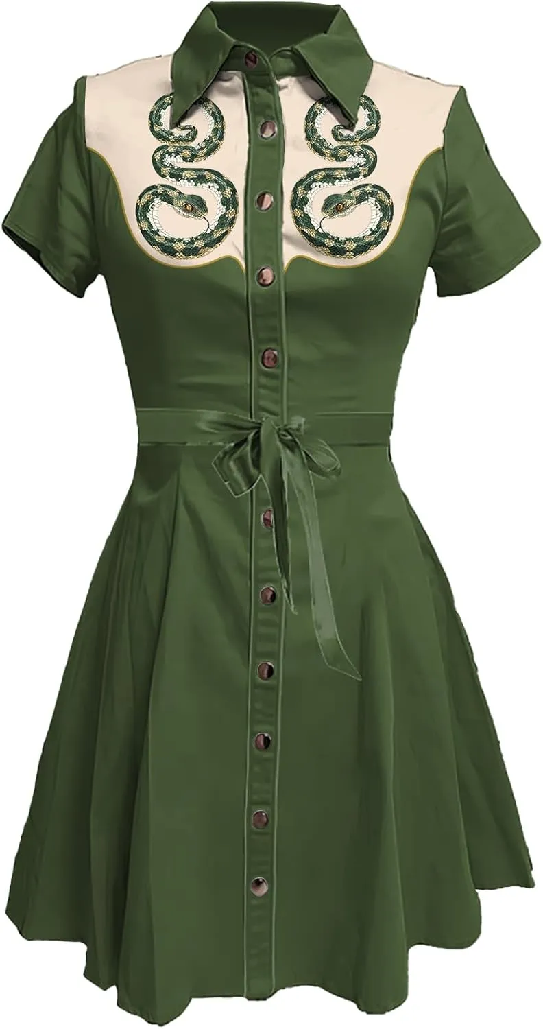 MARSVOVO Vintage Western Flower Printed Shirt Dress Women Summer Button Down Casual Retro Cowgirl Style Midi Dresses