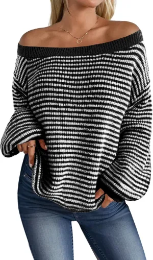 MARZXIN Women's 2025 Fall Long Sleeve Sweaters Casual Loose Striped Off Shoulder Casual Oversized Knitted Sweater Pullovers