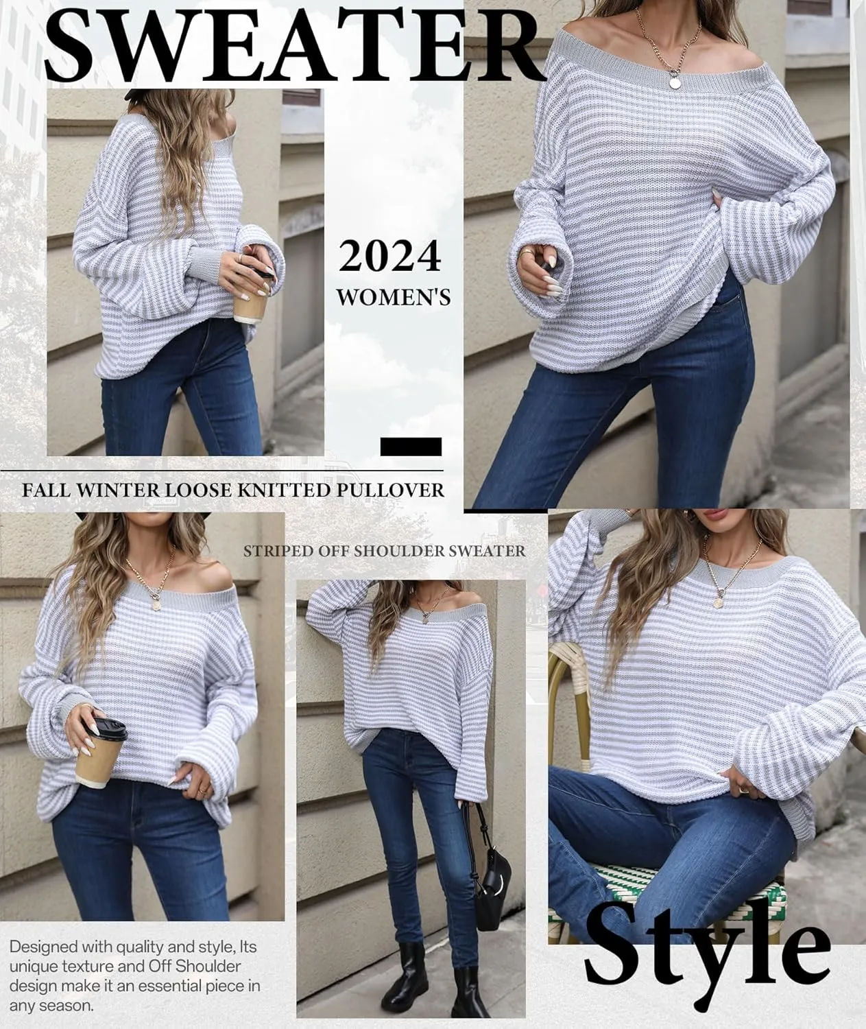 MARZXIN Women's 2025 Fall Long Sleeve Sweaters Casual Loose Striped Off Shoulder Casual Oversized Knitted Sweater Pullovers