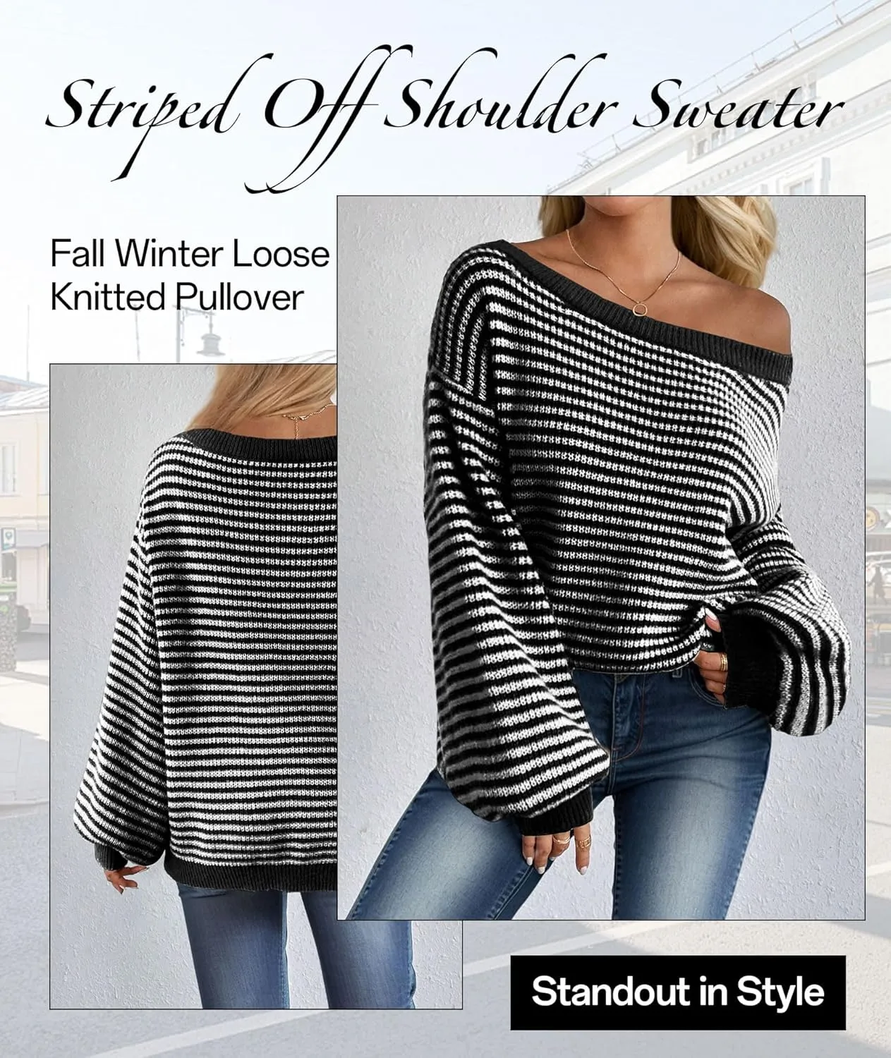 MARZXIN Women's 2025 Fall Long Sleeve Sweaters Casual Loose Striped Off Shoulder Casual Oversized Knitted Sweater Pullovers