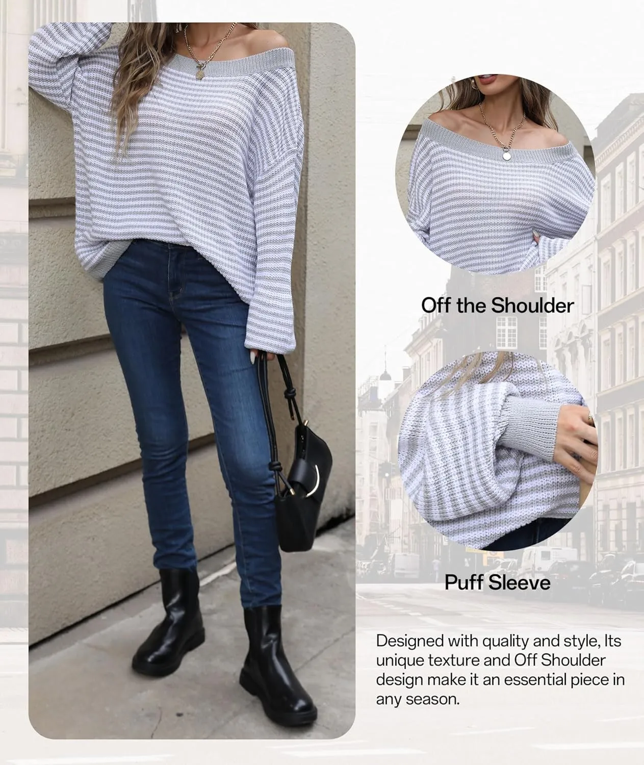 MARZXIN Women's 2025 Fall Long Sleeve Sweaters Casual Loose Striped Off Shoulder Casual Oversized Knitted Sweater Pullovers