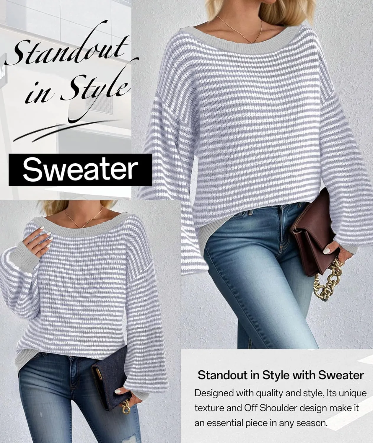 MARZXIN Women's 2025 Fall Long Sleeve Sweaters Casual Loose Striped Off Shoulder Casual Oversized Knitted Sweater Pullovers
