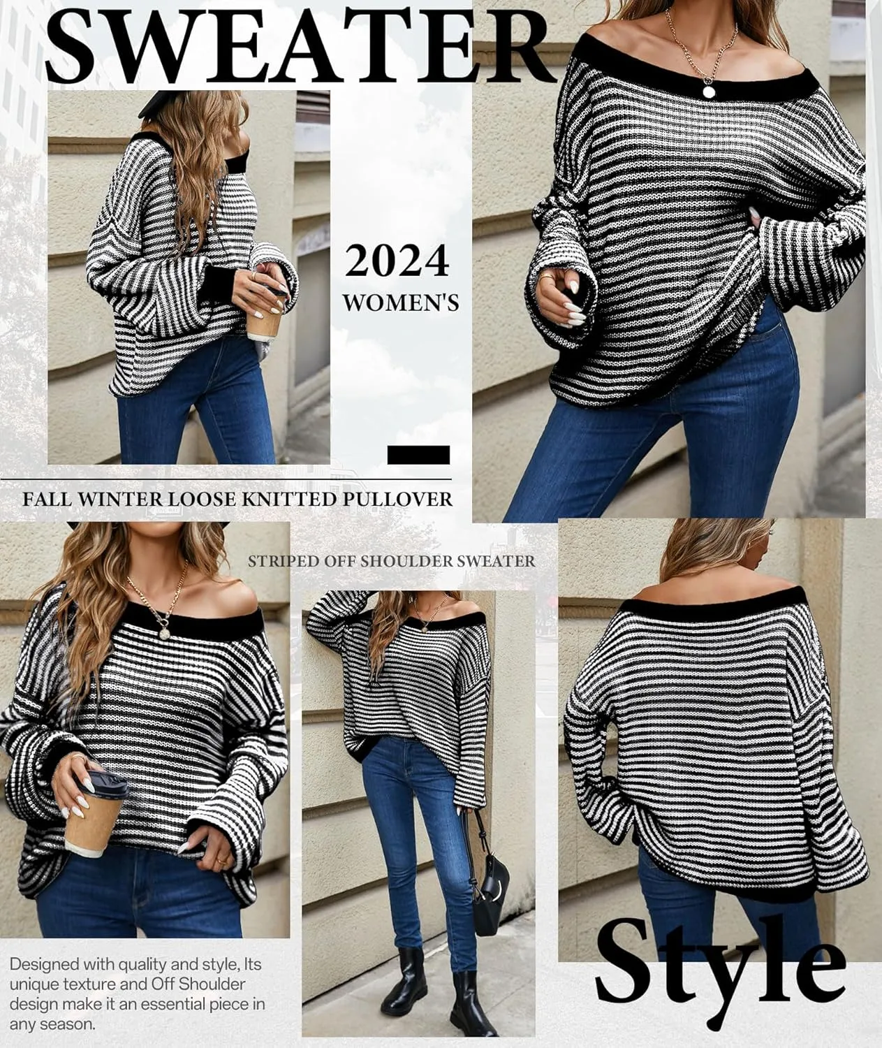 MARZXIN Women's 2025 Fall Long Sleeve Sweaters Casual Loose Striped Off Shoulder Casual Oversized Knitted Sweater Pullovers