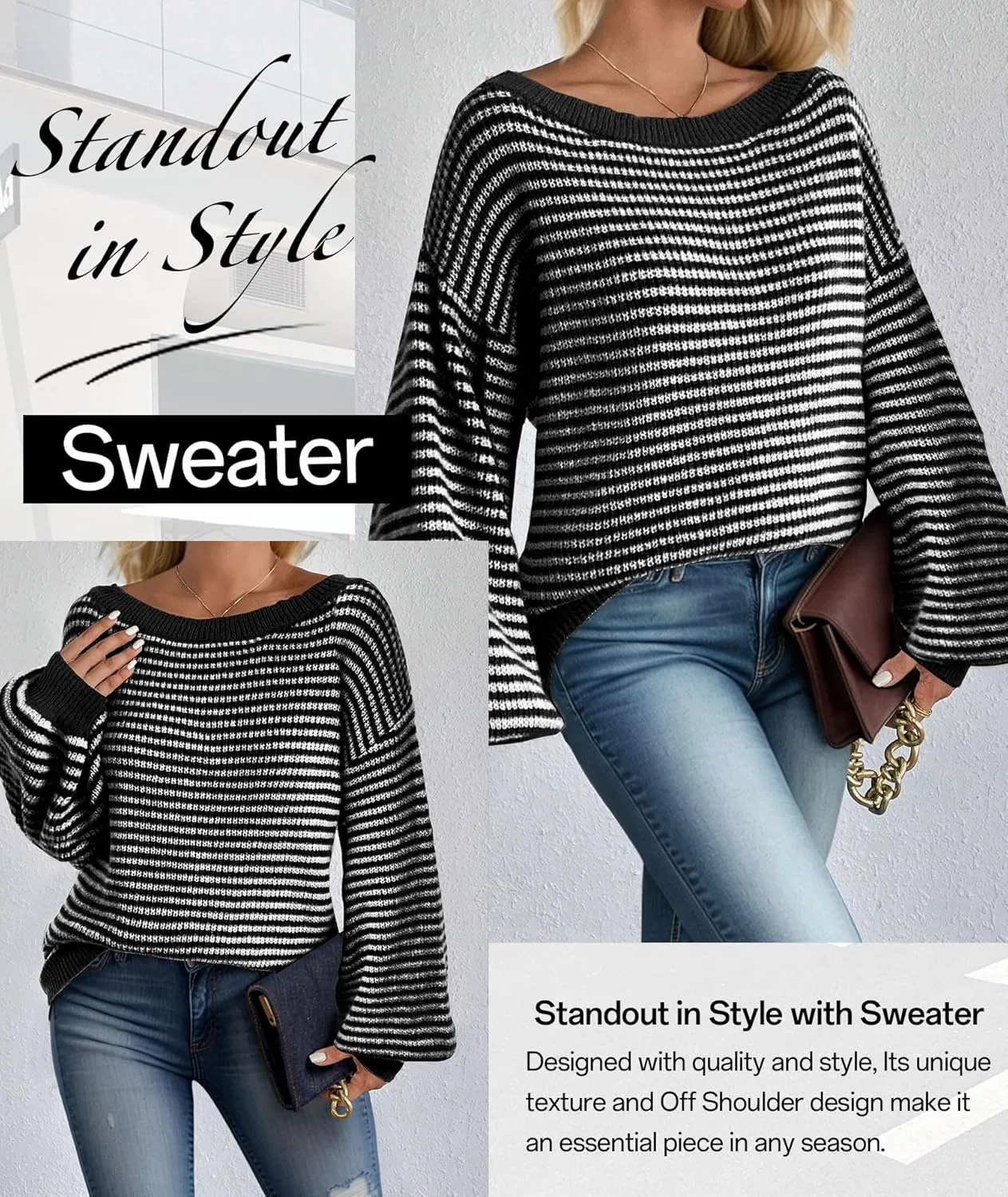 MARZXIN Women's 2025 Fall Long Sleeve Sweaters Casual Loose Striped Off Shoulder Casual Oversized Knitted Sweater Pullovers