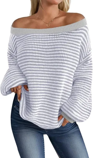 MARZXIN Women's 2025 Fall Long Sleeve Sweaters Casual Loose Striped Off Shoulder Casual Oversized Knitted Sweater Pullovers