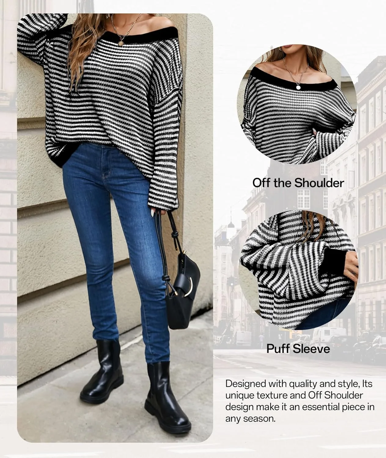 MARZXIN Women's 2025 Fall Long Sleeve Sweaters Casual Loose Striped Off Shoulder Casual Oversized Knitted Sweater Pullovers