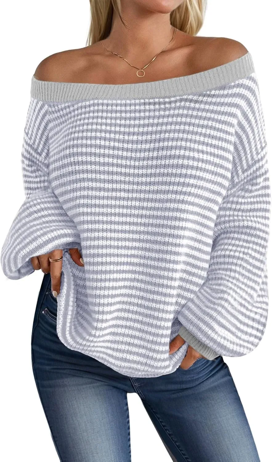 MARZXIN Women's 2025 Fall Long Sleeve Sweaters Casual Loose Striped Off Shoulder Casual Oversized Knitted Sweater Pullovers