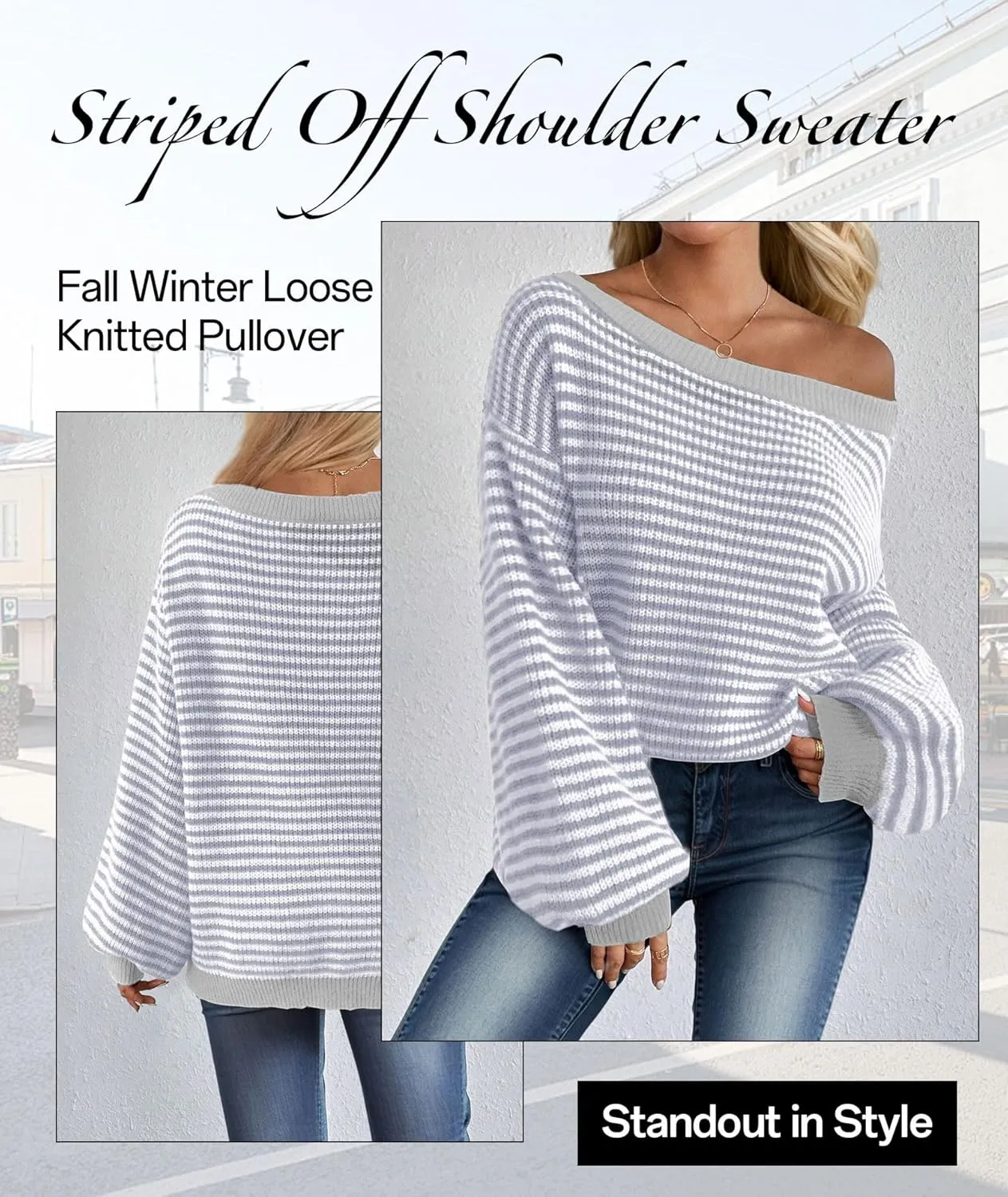 MARZXIN Women's 2025 Fall Long Sleeve Sweaters Casual Loose Striped Off Shoulder Casual Oversized Knitted Sweater Pullovers