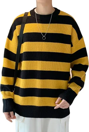 Men Casual Long Sleeve Striped Sweaters Oversized Knit Pullover Autumn Winter Fashion Sweater Jumpers Tops