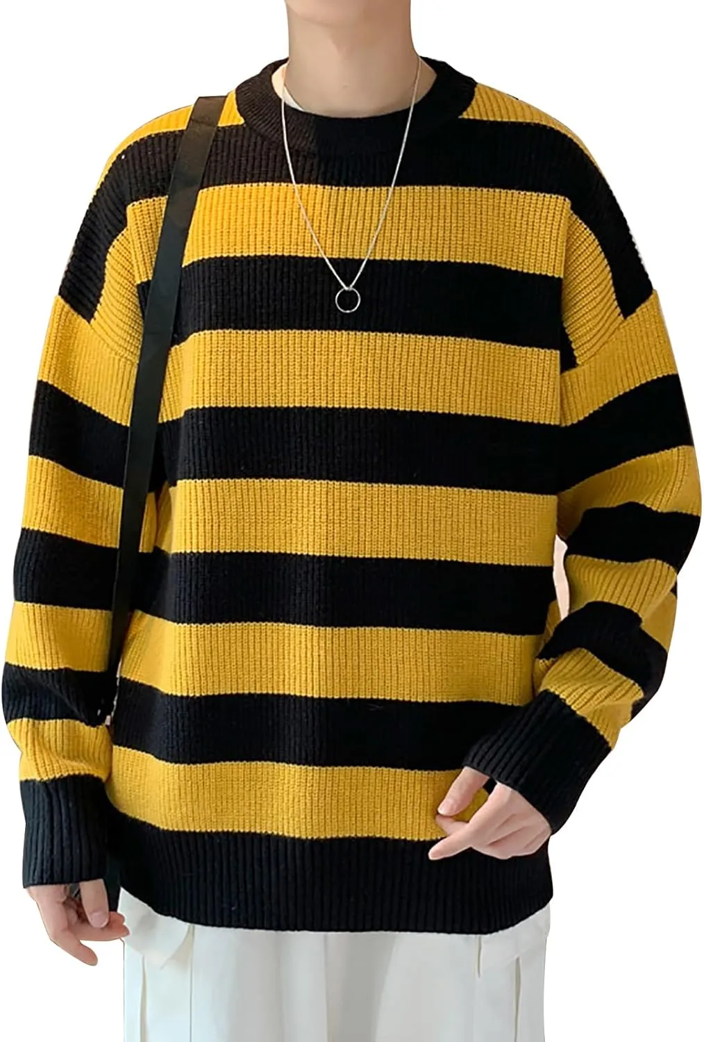 Men Casual Long Sleeve Striped Sweaters Oversized Knit Pullover Autumn Winter Fashion Sweater Jumpers Tops