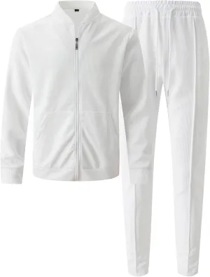 Men Casual Tracksuit Set Full Zipper Pocket Long Sleeve Jacket Trouser Suit Trendy Running Jogging Workout Activewear