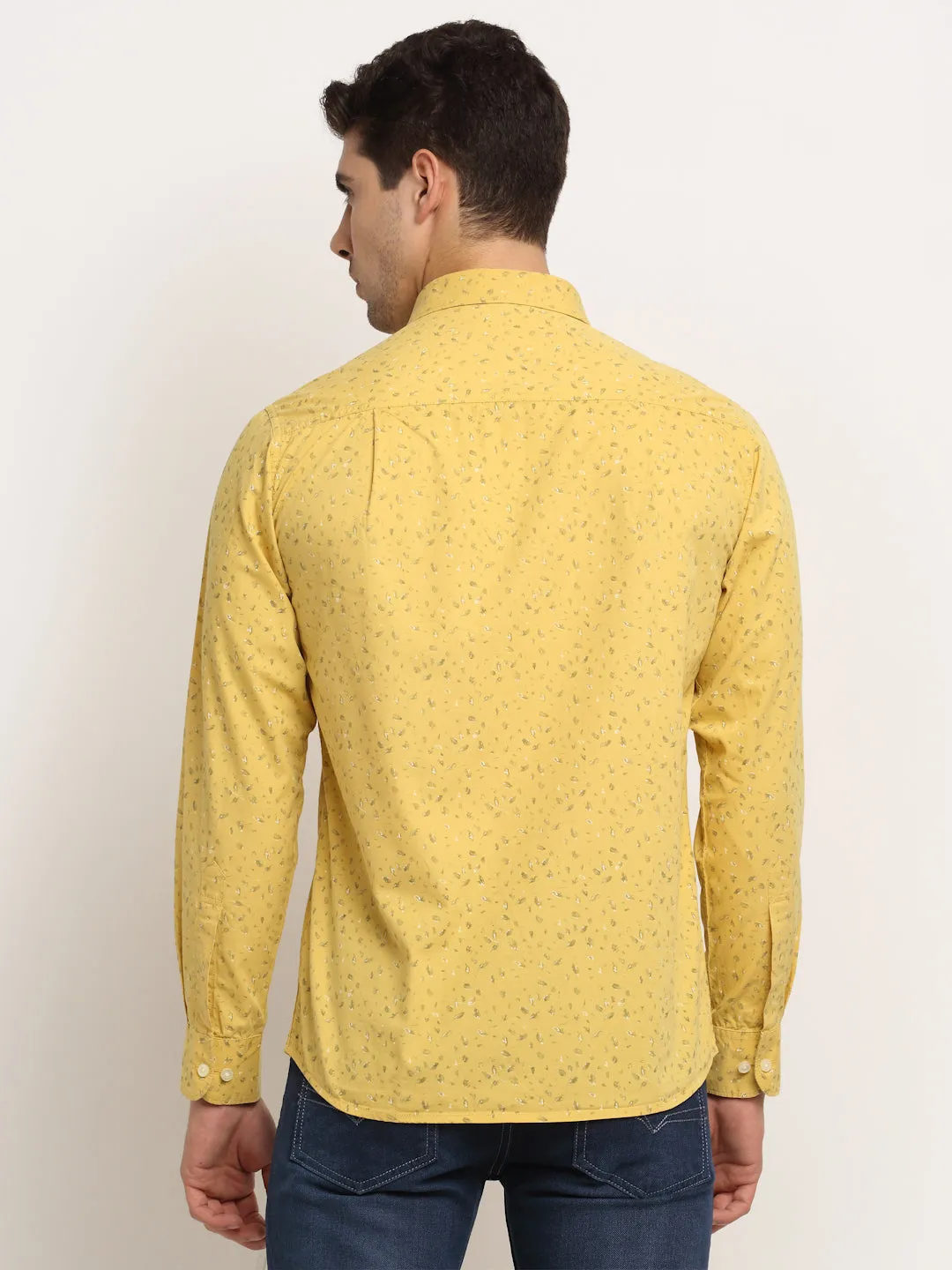 Men Cotton Printed Yellow Full Sleeve Casual Shirt for Men with Pocket
