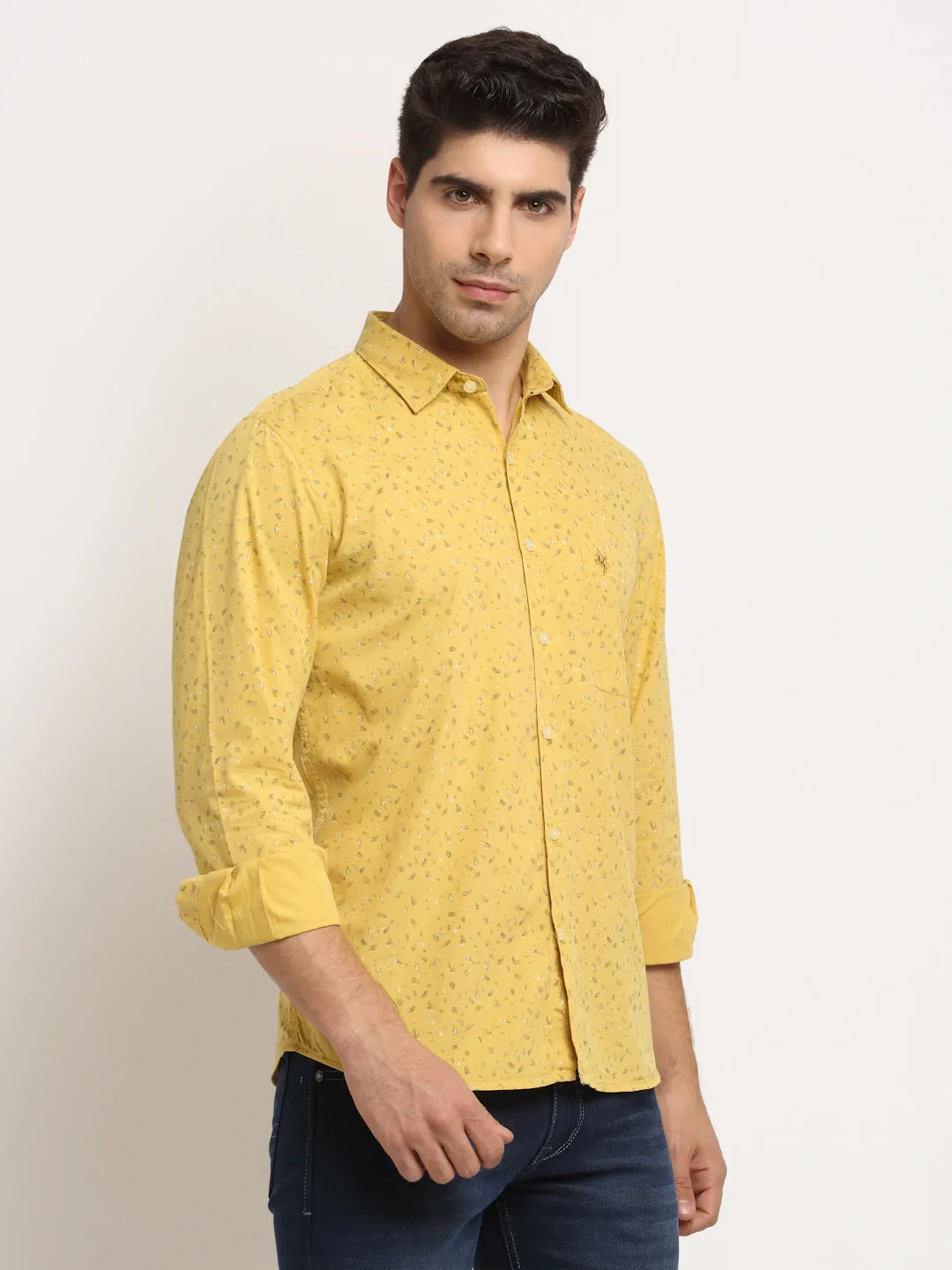 Men Cotton Printed Yellow Full Sleeve Casual Shirt for Men with Pocket