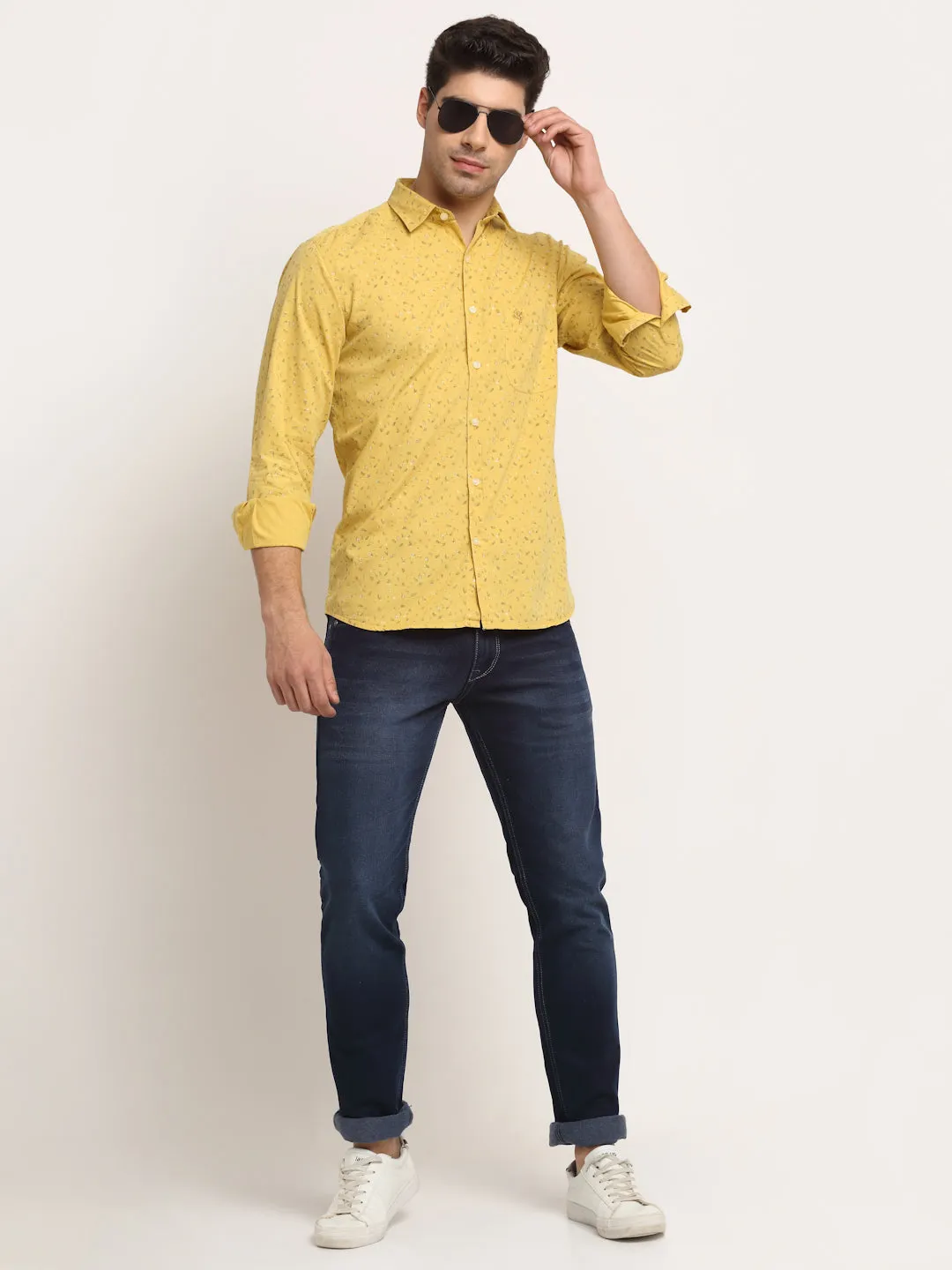 Men Cotton Printed Yellow Full Sleeve Casual Shirt for Men with Pocket