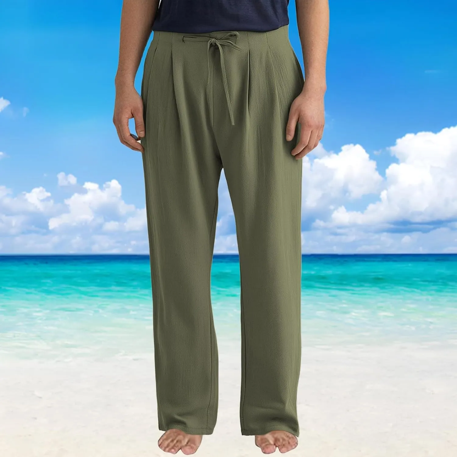 Men Linen Pants Plain Plus Size Flat Front Pants Lightweight Drawstring Waist Vacation Slacks Summer Casual Trousers