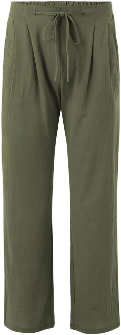 Men Linen Pants Plain Plus Size Flat Front Pants Lightweight Drawstring Waist Vacation Slacks Summer Casual Trousers