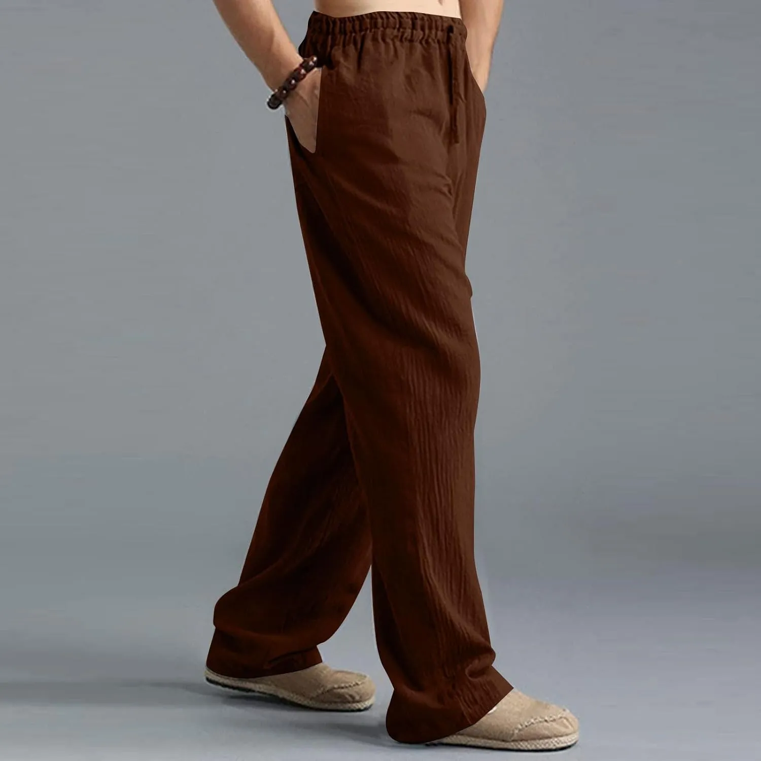 Men Linen Pants Plus Size Solid Beach Vacation Pants Drawstring Waist Lightweight Loose Slacks Summer Casual Trousers