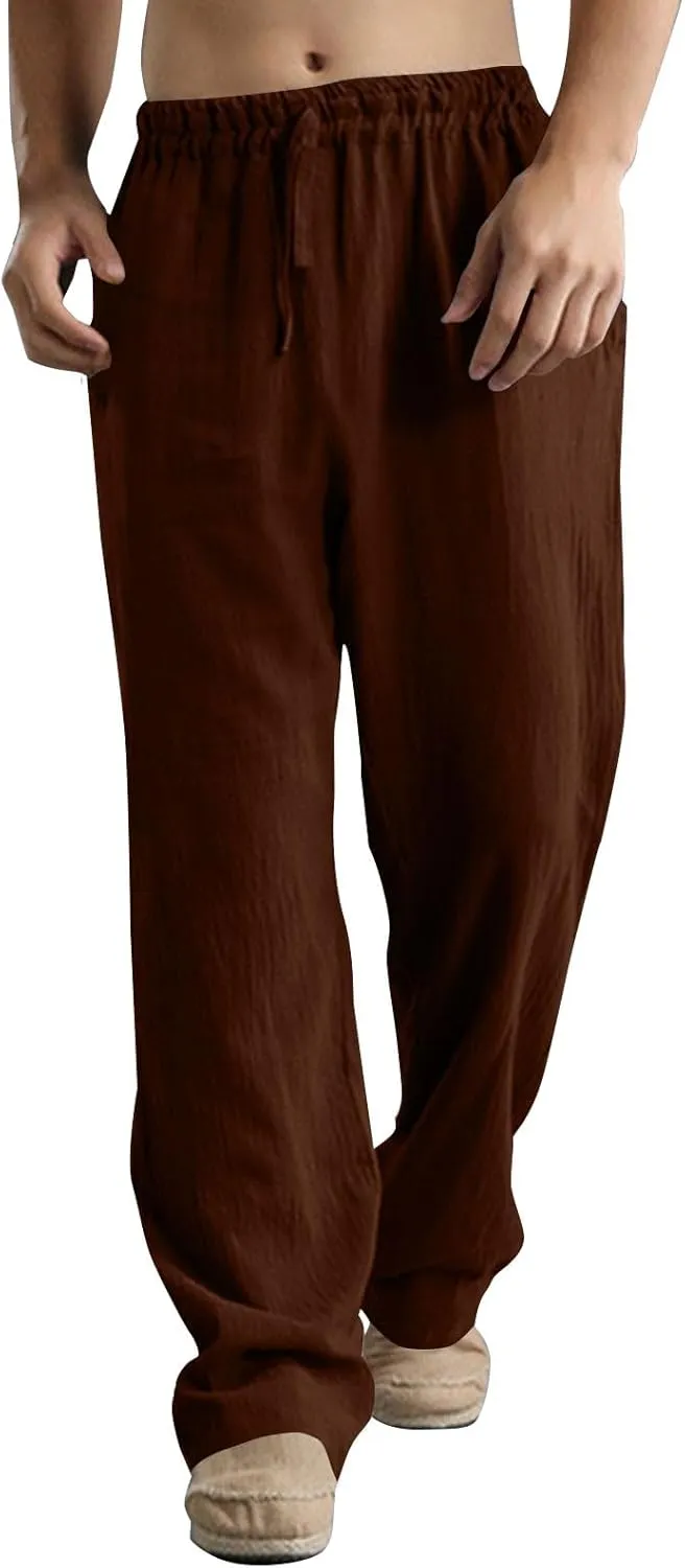 Men Linen Pants Plus Size Solid Beach Vacation Pants Drawstring Waist Lightweight Loose Slacks Summer Casual Trousers