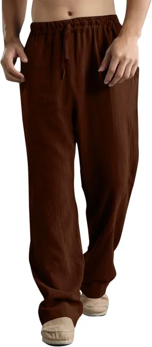Men Linen Pants Plus Size Solid Beach Vacation Pants Drawstring Waist Lightweight Loose Slacks Summer Casual Trousers