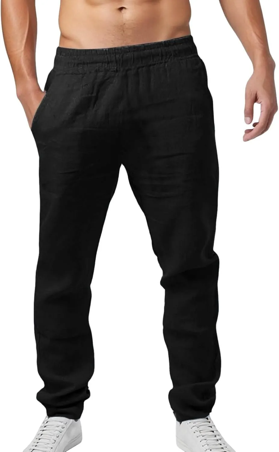 Men Linen Pants Solid Causal Pant Outdoor Vacation Beach Trousers Lightweight Open Bottom Waist Slacks for Summer