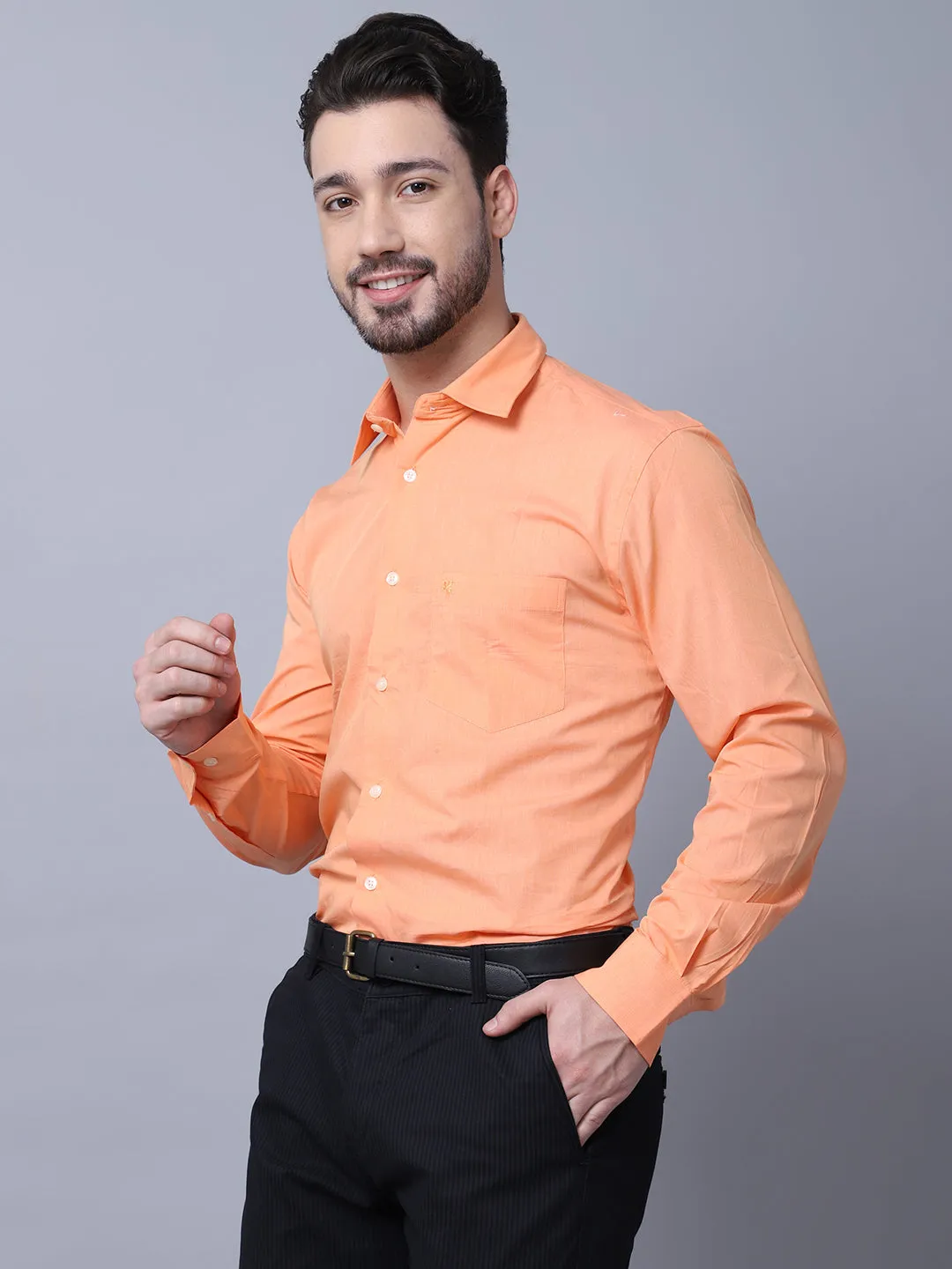 Men Orange Cotton Blend Solid Full Sleeves Regular Fit Formal Shirt with Pocket