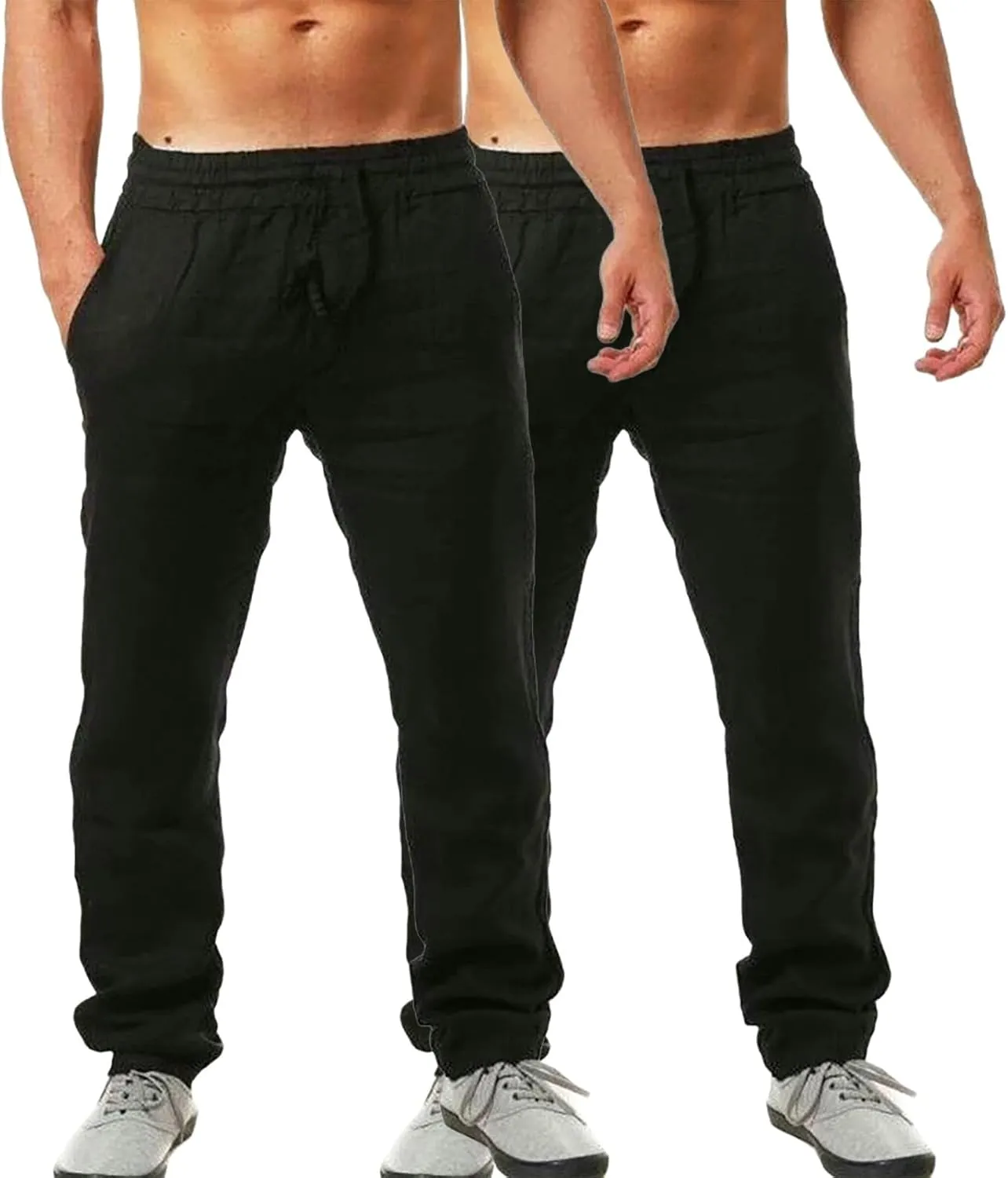 Men's 2 Pack Linen Pants Summer Casual Beach Pants Lightweight Vacation Slacks Elastic Waist Yoga Lounge Trousers