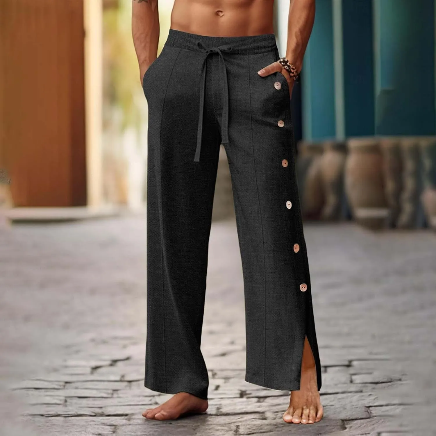 Mens Beach Linen Pants Lightweight Loose Casual Pants Side Button Drawstring Trousers Outdoor Vacation Summer Slacks