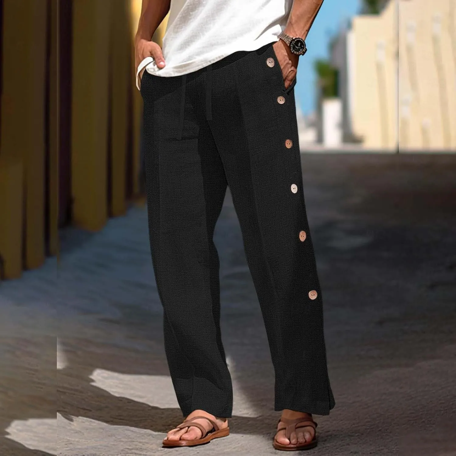 Mens Beach Linen Pants Lightweight Loose Casual Pants Side Button Drawstring Trousers Outdoor Vacation Summer Slacks