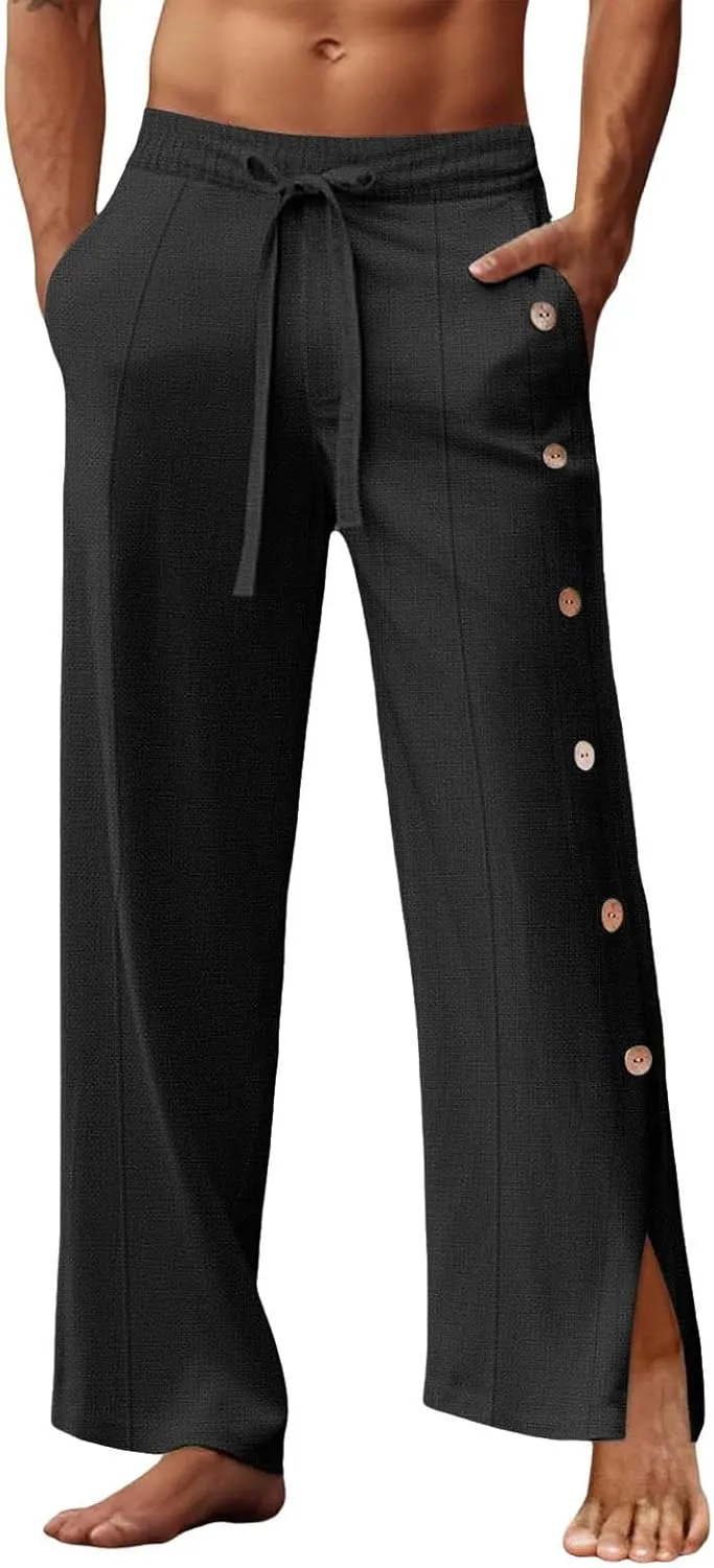 Mens Beach Linen Pants Lightweight Loose Casual Pants Side Button Drawstring Trousers Outdoor Vacation Summer Slacks