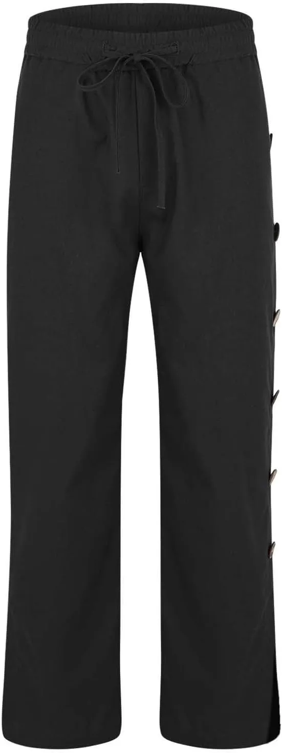 Mens Beach Linen Pants Lightweight Loose Casual Pants Side Button Drawstring Trousers Outdoor Vacation Summer Slacks