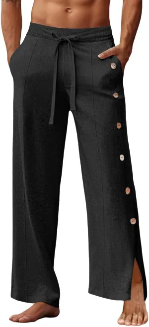 Mens Beach Linen Pants Lightweight Loose Casual Pants Side Button Drawstring Trousers Outdoor Vacation Summer Slacks