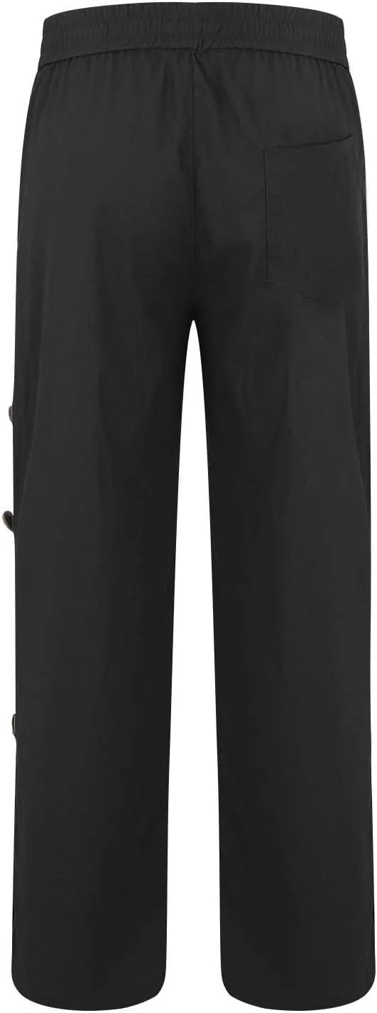 Mens Beach Linen Pants Lightweight Loose Casual Pants Side Button Drawstring Trousers Outdoor Vacation Summer Slacks