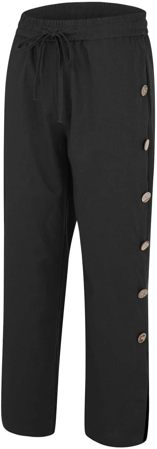 Mens Beach Linen Pants Lightweight Loose Casual Pants Side Button Drawstring Trousers Outdoor Vacation Summer Slacks