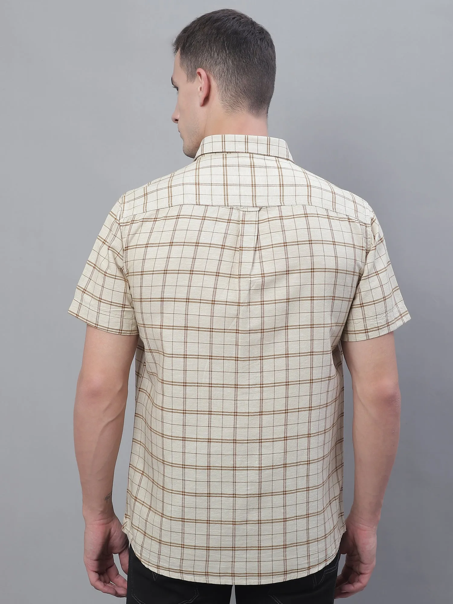 Men's Beige Casual Big Checks Half Sleeve Shirt