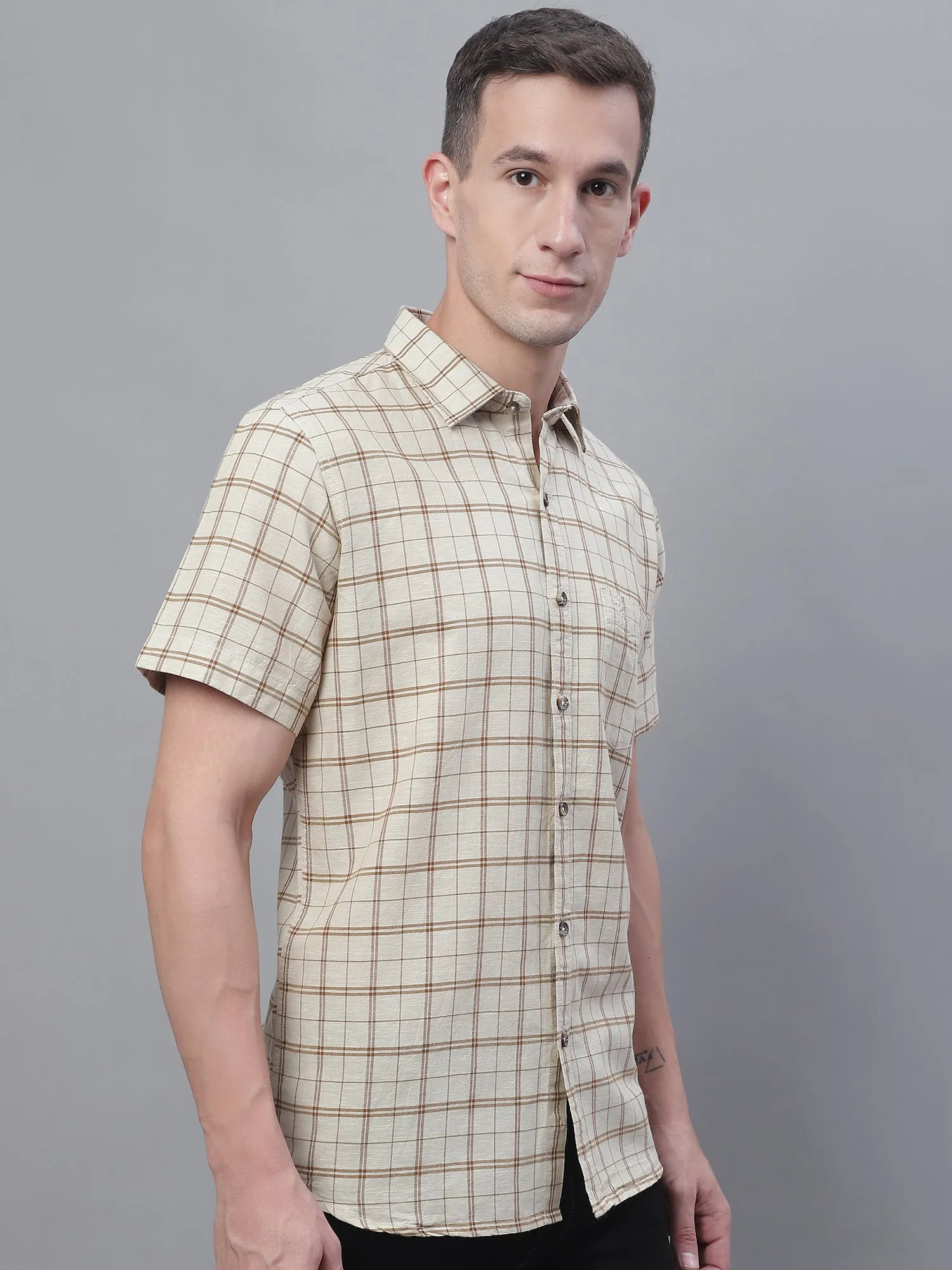 Men's Beige Casual Big Checks Half Sleeve Shirt