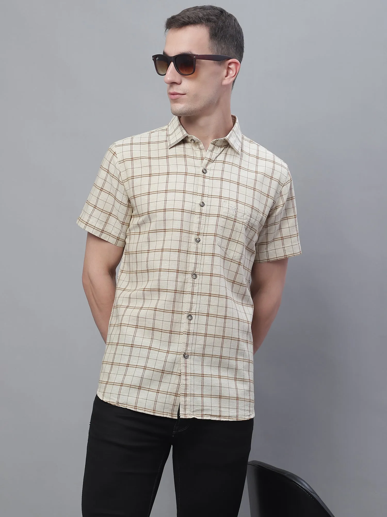 Men's Beige Casual Big Checks Half Sleeve Shirt