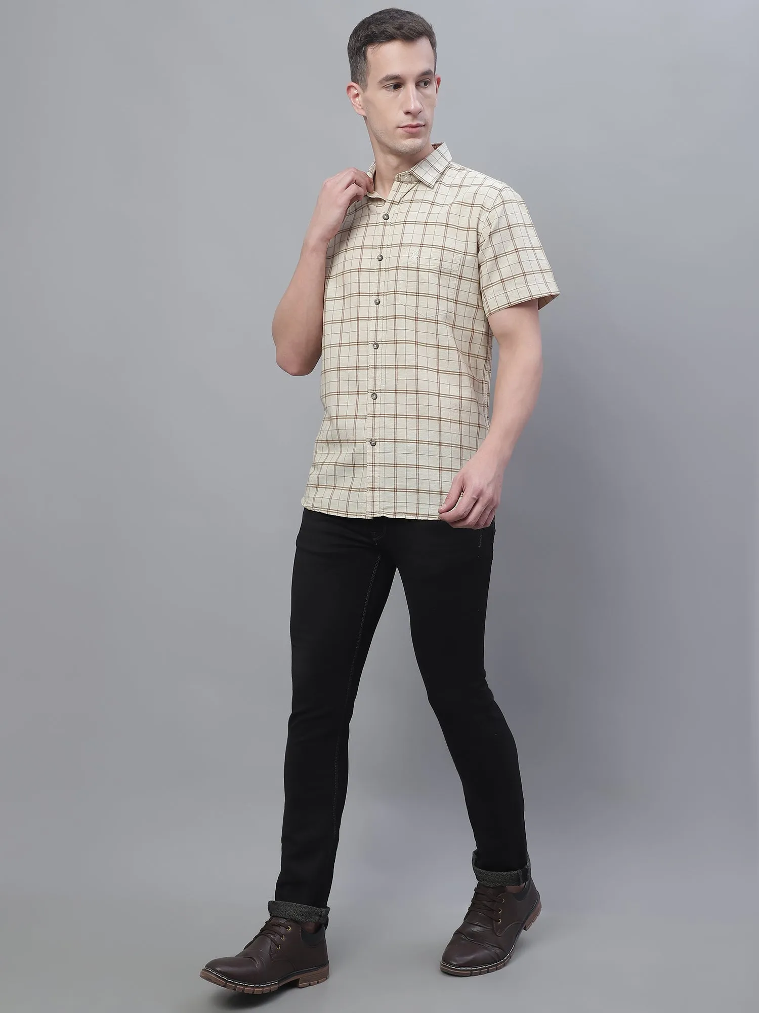Men's Beige Casual Big Checks Half Sleeve Shirt