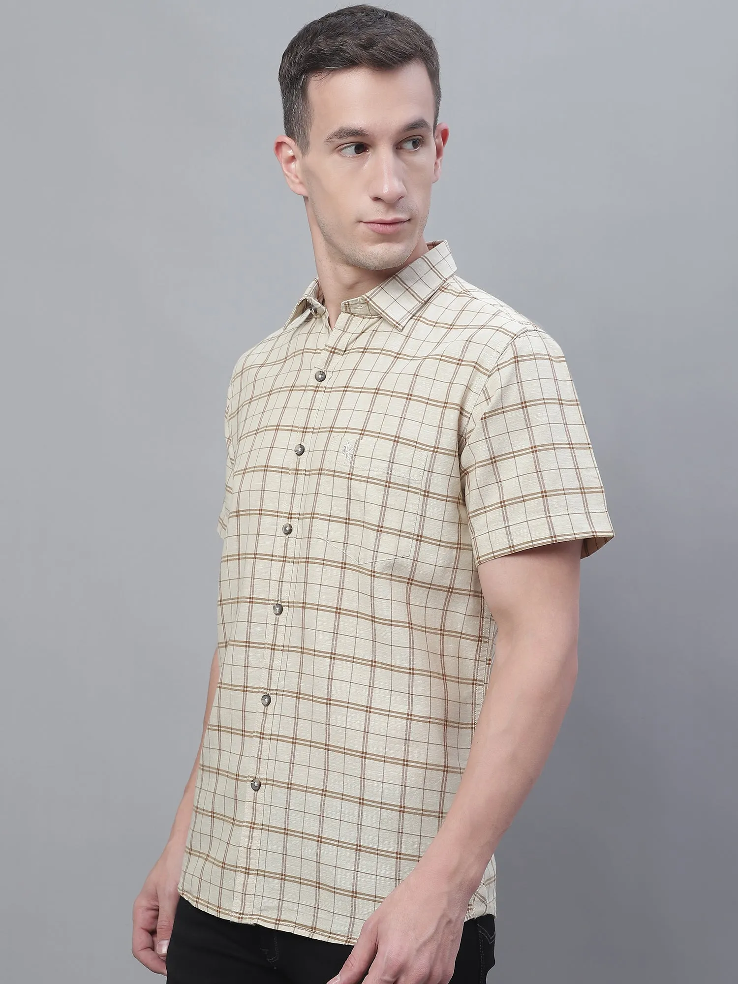 Men's Beige Casual Big Checks Half Sleeve Shirt