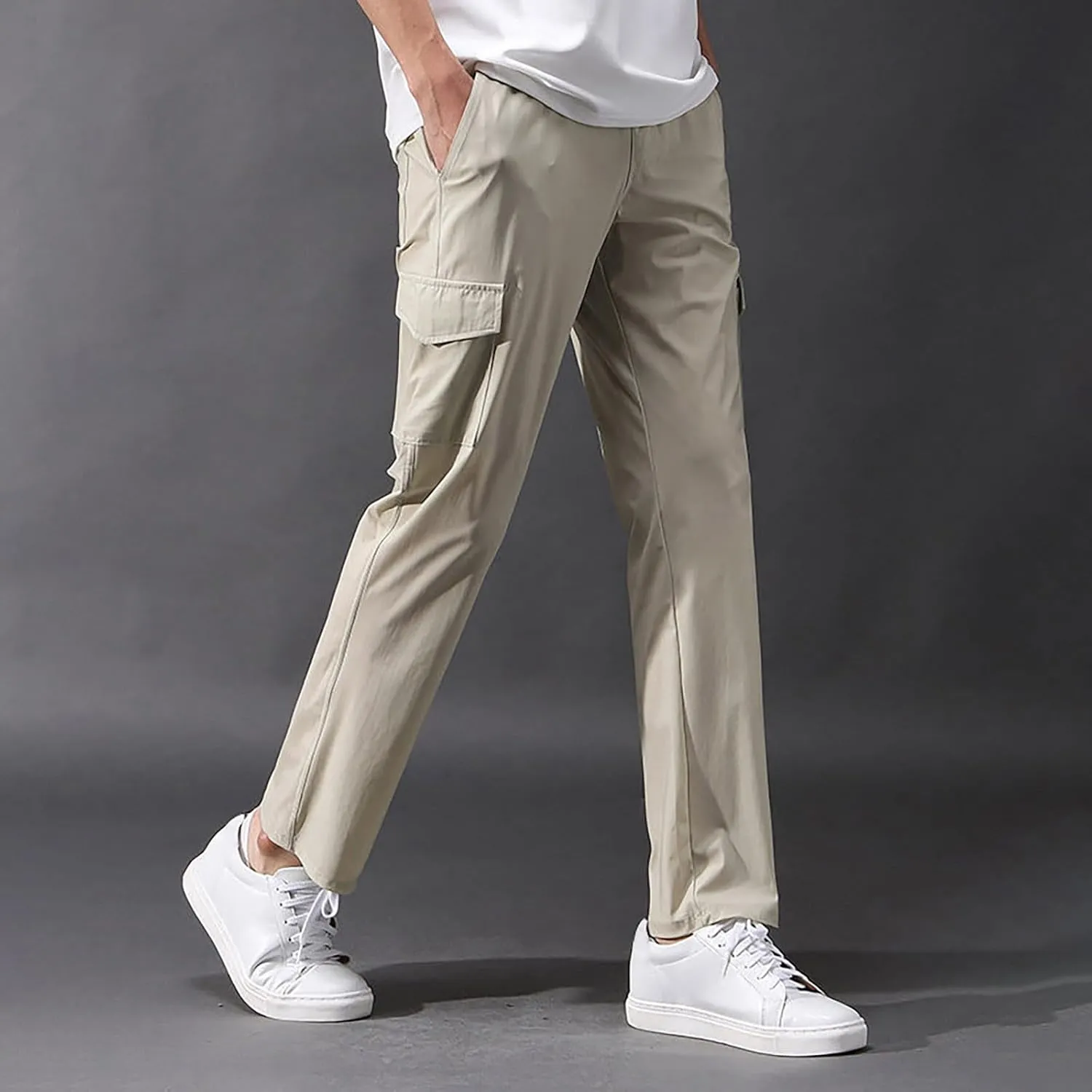 Mens Cargo Pants Drawstring Elastic Waist Straight Leg Slacks Lightweight Casual Plain Trousers with Multi Pockets