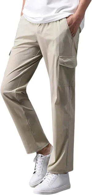 Mens Cargo Pants Drawstring Elastic Waist Straight Leg Slacks Lightweight Casual Plain Trousers with Multi Pockets