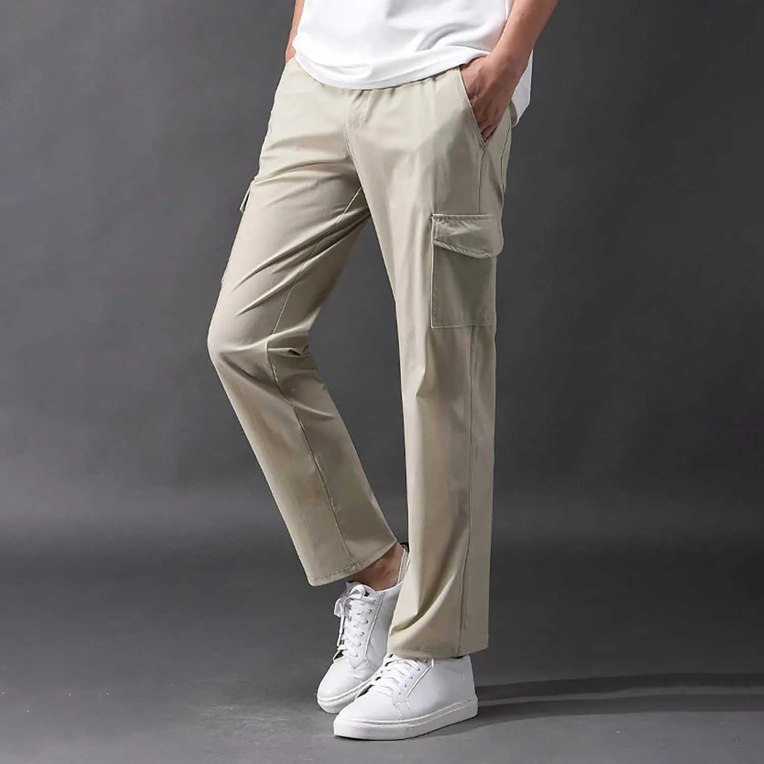 Mens Cargo Pants Drawstring Elastic Waist Straight Leg Slacks Lightweight Casual Plain Trousers with Multi Pockets