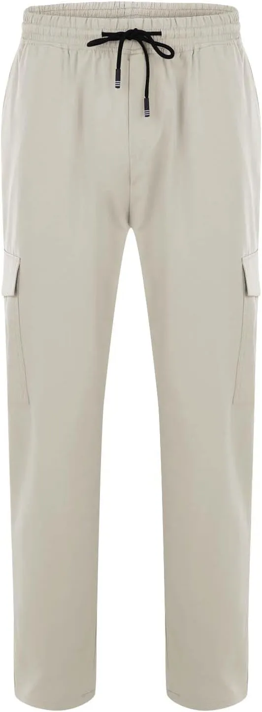 Mens Cargo Pants Drawstring Elastic Waist Straight Leg Slacks Lightweight Casual Plain Trousers with Multi Pockets