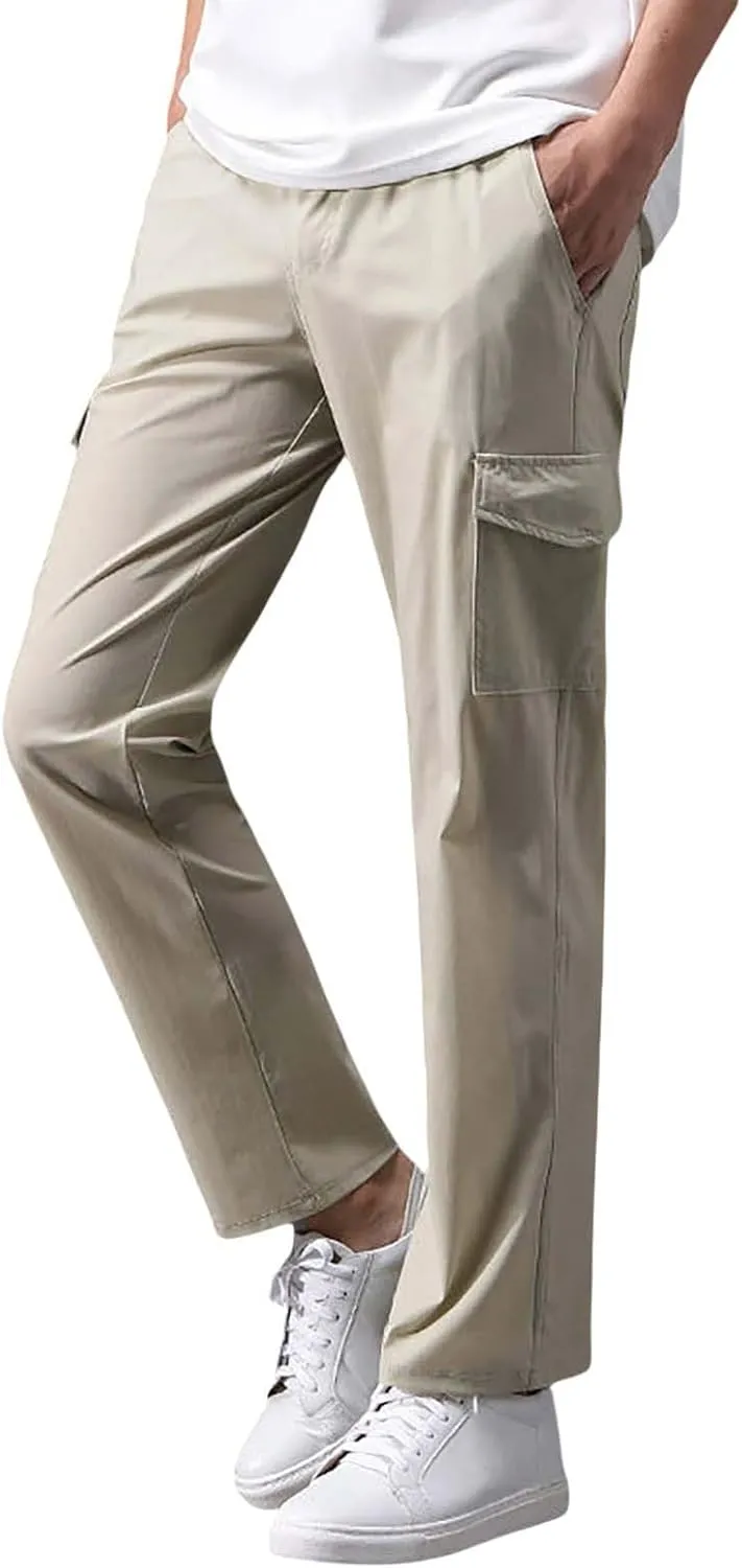 Mens Cargo Pants Drawstring Elastic Waist Straight Leg Slacks Lightweight Casual Plain Trousers with Multi Pockets