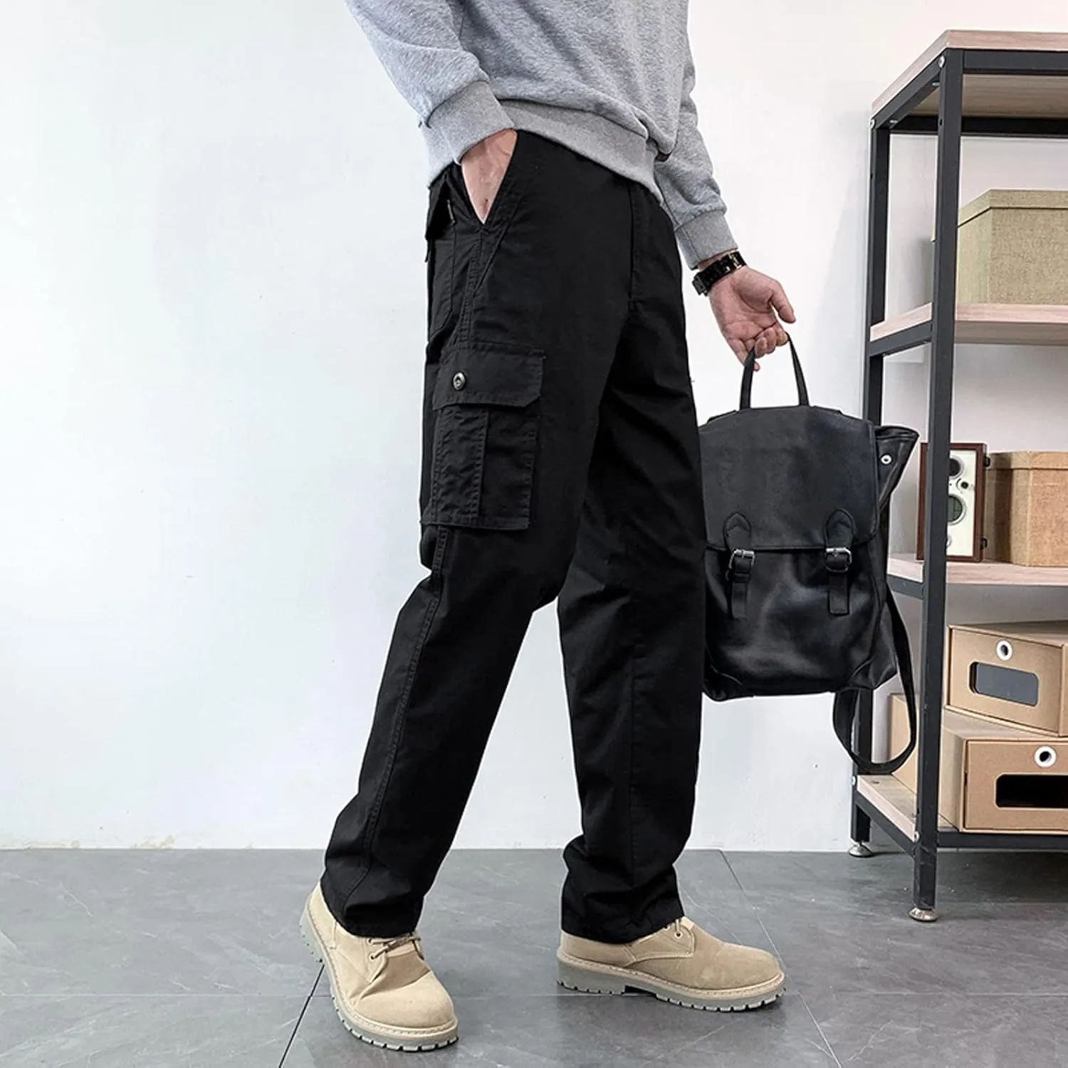 Mens Cargo Sweatpants Multi-Pockets Casual Plus Size Track Pants Zip Elastic Waist Loose Fit Durable Tactical Pants