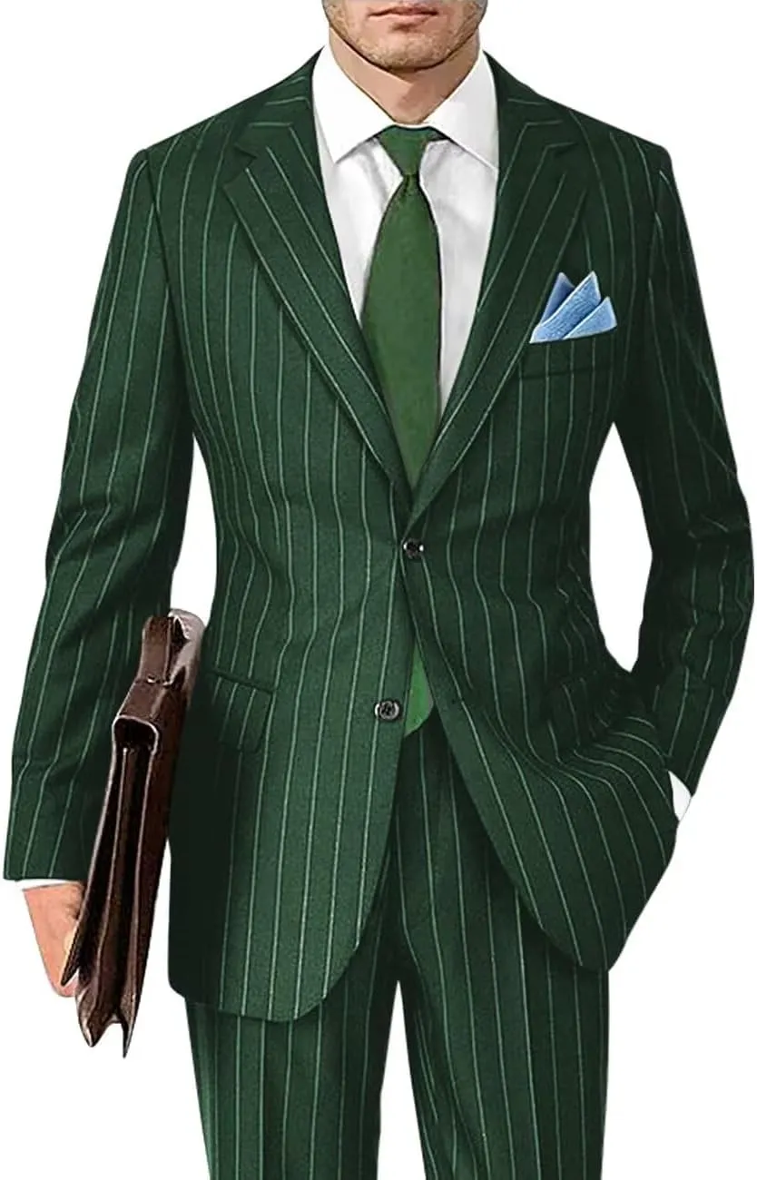 Men's Classic Fit Stripe Suits 2 Piece Pinstripe Suit Two Button Blazer Prom Pinstripe Suit for Men 1920s Set