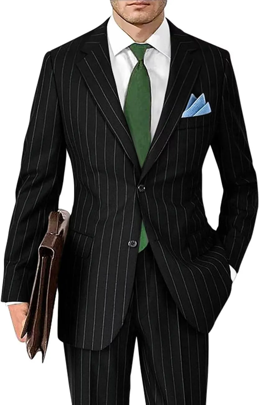 Men's Classic Fit Stripe Suits 2 Piece Pinstripe Suit Two Button Blazer Prom Pinstripe Suit for Men 1920s Set