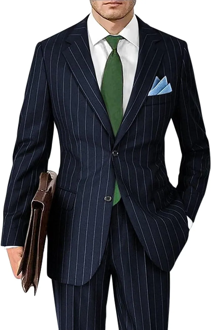 Men's Classic Fit Stripe Suits 2 Piece Pinstripe Suit Two Button Blazer Prom Pinstripe Suit for Men 1920s Set