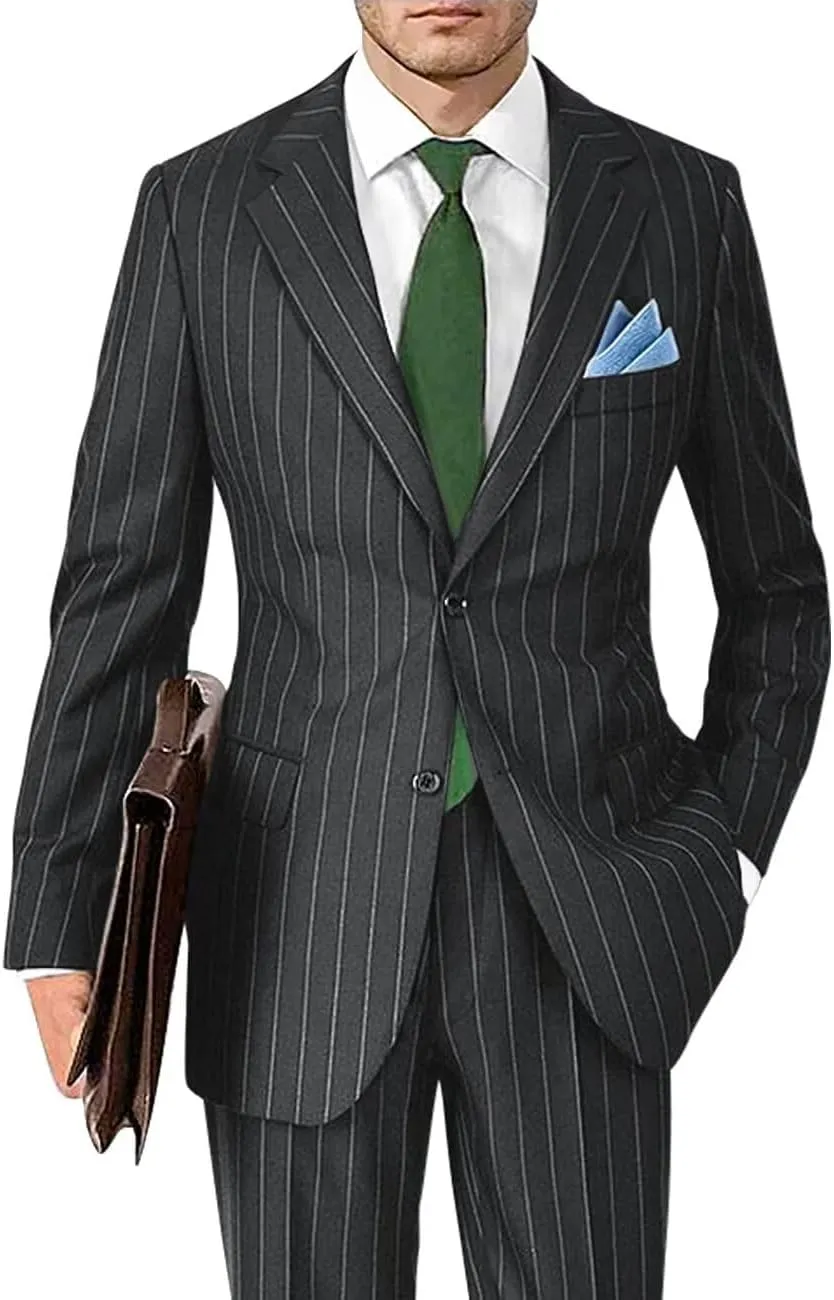 Men's Classic Fit Stripe Suits 2 Piece Pinstripe Suit Two Button Blazer Prom Pinstripe Suit for Men 1920s Set