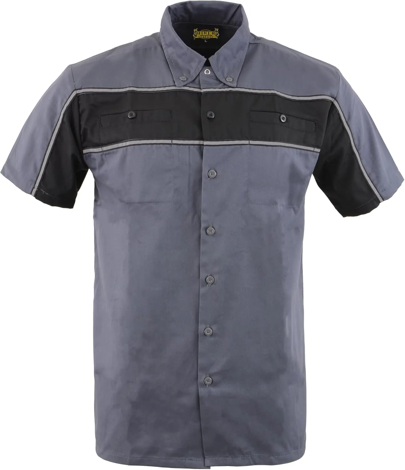 Mens Classic Two-Tone Button up Heavy Duty Reflective Short Sleeve Motorcycle Mechanic Work Shirt Variety of Colors